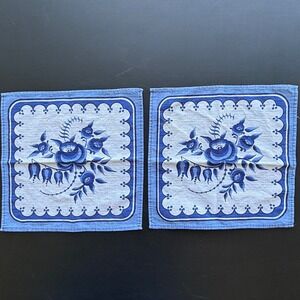 Vintage Blue Floral Cloth Napkins Set of 2 Scalloped Border 11x11 Square Linens